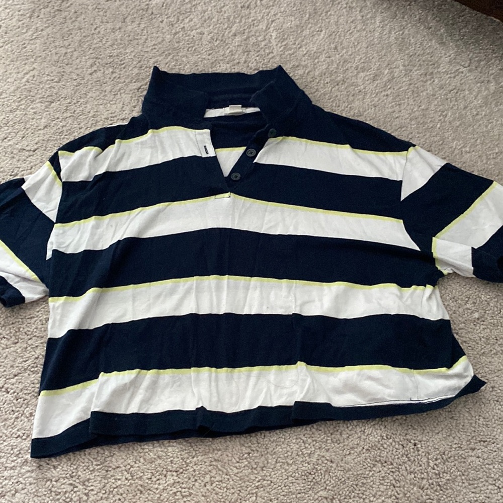 Cropped collared top-large white+navy horizontal and small neon yellow stripes
